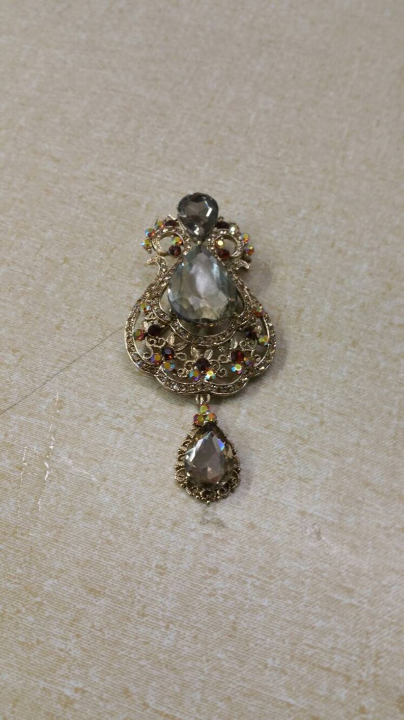 Fashion Accessory Tear Drop Large Pin or Brooch Costume Jewelry On Sale Gold Toned Yellow and Red Rhinestone