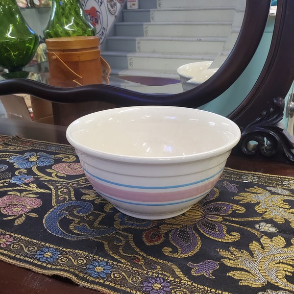 McCoy Pottery, 8 inch Yellowware with Pink and Blue Stripes, Mixing or Baking Bowl, Vintage Kitchen