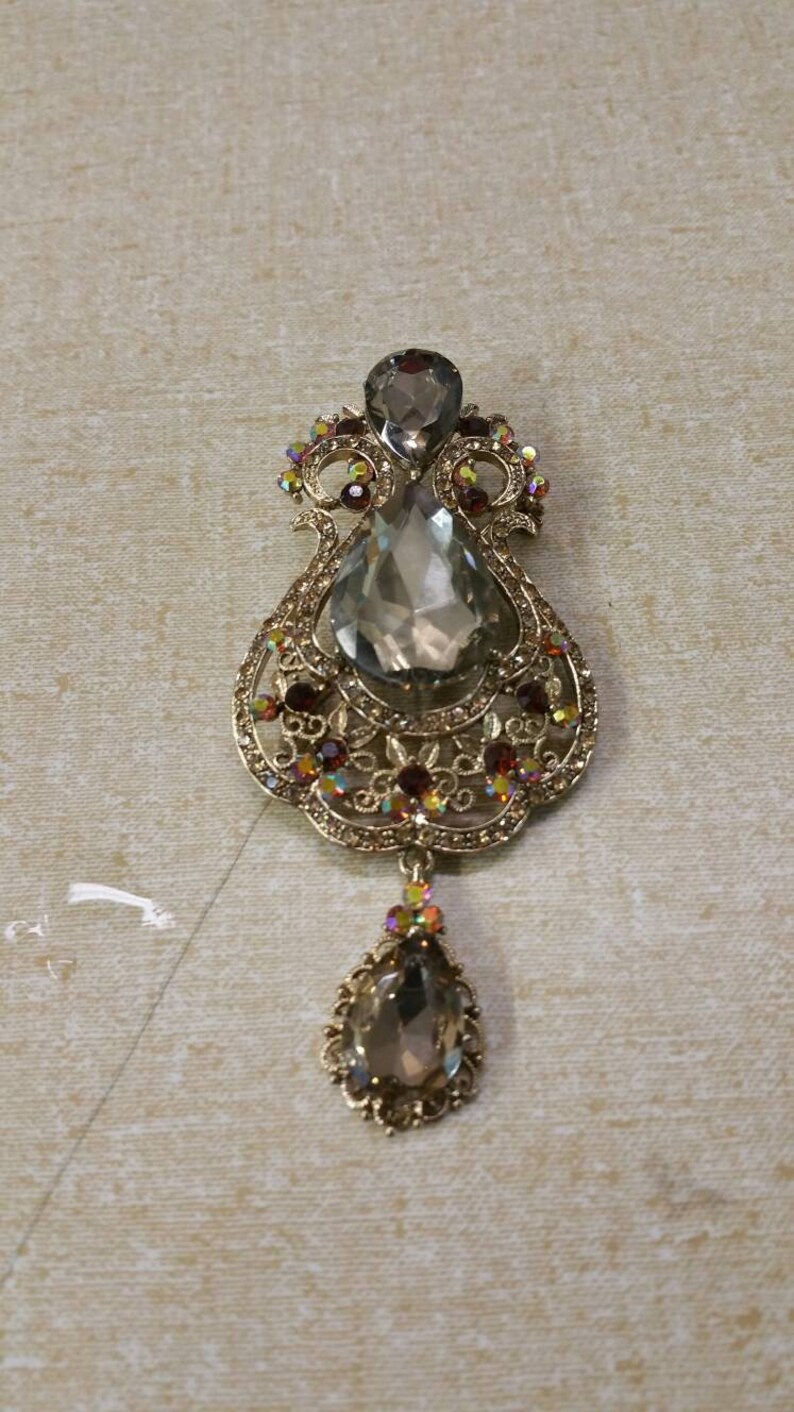 Fashion Accessory Tear Drop Large Pin or Brooch Costume Jewelry On Sale Gold Toned Yellow and Red Rhinestone