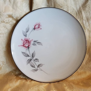 Noritake &quot;Rosemarie&quot; ,  10.50 inch Dinner Plate, Pink Roses, Gray Leaves, Coupe Style, Gray Band, Retired Pattern,  Made in Japan