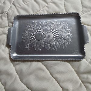 Hand Forged, Rectangular Aluminum Tray, 6.25 inch Tip Tray, Harvest Fruit Design with Handles, Hand Wrought Creations, Small Tray