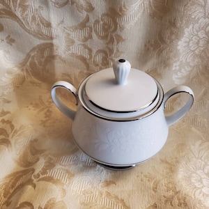 Noritake Ranier , Sugar Bowl with Lid,  White On White Floral Decor, Platinum Trim, Dual Handled Dish