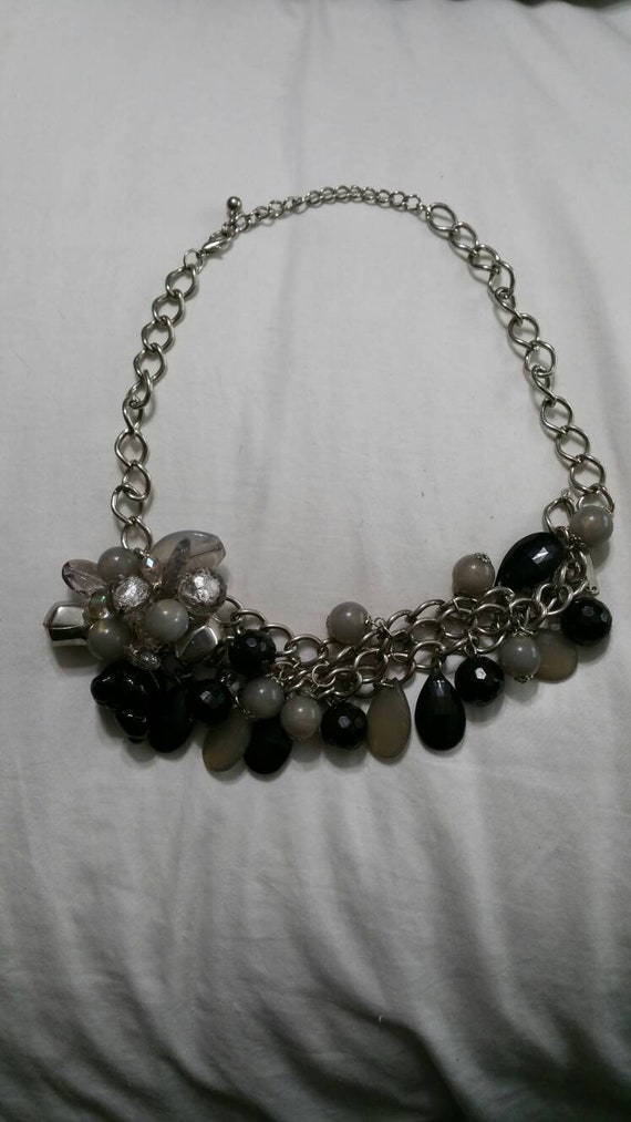 Silver Toned Chain Bib, 19 inch Necklace, Black an