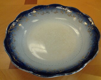 Antique Flow Blue Transfer Ware Porzellan Suppenschüssel mit Blattgold