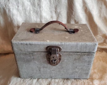 Rustic, Brown and Black Tweed, No Name, Train Case or Makeup Suitcase, Leather Handle with Hinged Lock, Aged Paper on Wood, Antique Box