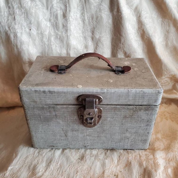Rustic, Brown and Black Tweed, No Name, Train Case or Makeup Suitcase, Leather Handle with Hinged Lock, Aged Paper on Wood, Antique Box