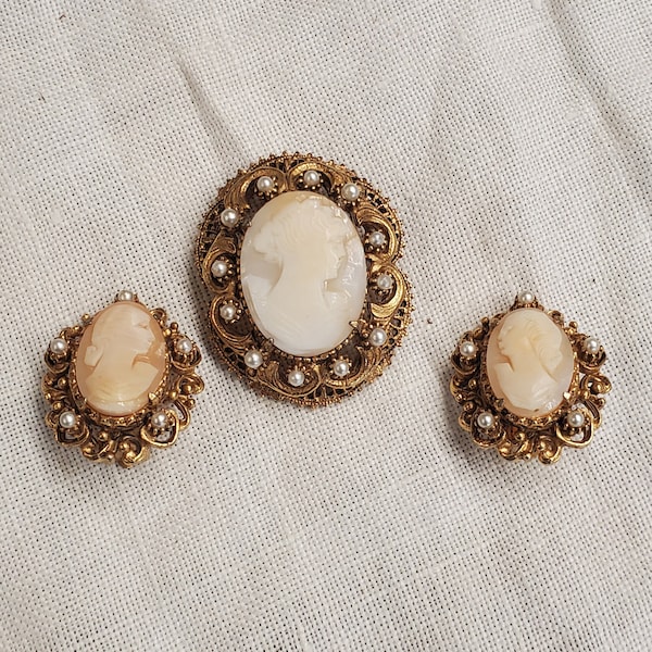 Florenza Cameo Pin or Earrings or Both, Estate Sale Jewelry, Pearl and Gold Style. Fashion Accessory, Costume Jewelry