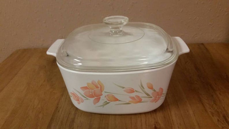 On Sale A 3 B Peach Floral Corning or Pyrex Casserole Dish 3 Liter Bowl with Lid Serving Glass Collectible Kitchen Decor