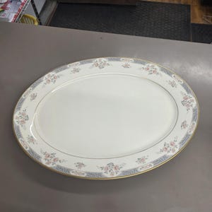 Lenox Somerset, 15.75 inch Oval Serving Platter  Newer, Gray Band, Pink Flowers with Gold Trim, Retired Pattern, Like New