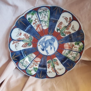Antique Japanese Imari, Red and Blue Dragon Porcelain 8.5 inch Serving or Decorative Plate with Bird and Butterfly Design