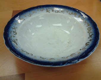 Antike Transfer Ware Flow Blau und Gold Porzellan Salatschüssel