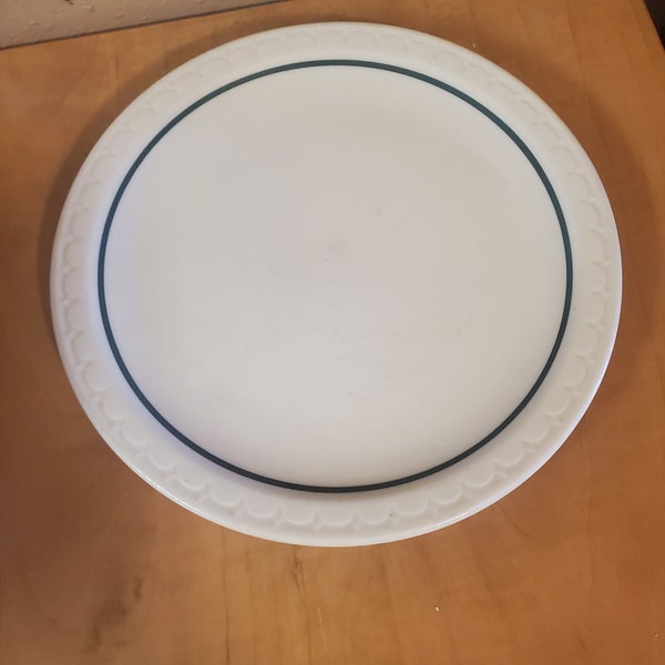 Syracuse China, Restaurant Style, 9 inch Luncheon Serving Plate, Stoneware Dish, Retro Style with Ribbed Pattern Rim and Green Band