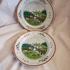 Set of 2, Newcor, Country Village, Stoneware, 7.5 inch Salad Plates, Farmland W/Apple Trees, Regency, Made in Japan, Microwave and Oven Safe