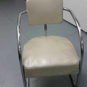Rare 1930s, Kem Weber Chair, Stream lined Modern Off White Vinyl and Chrome  Large Over Stuffed  Living Room/Bedroom Chair