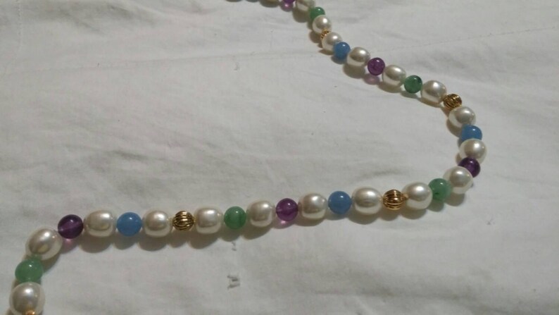 On Sale Inexpensive Bling White Purple and Light Blue Beaded and Gold Toned 36 inch Necklace Costume Jewelry Fashion Accessory
