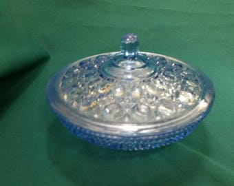 Anchor Hocking Covered Blue Glass Serving Bowl or Candy Dish with Lattice Pattern