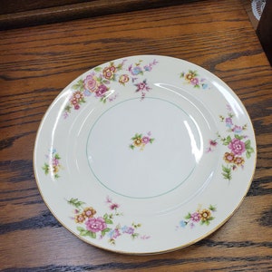 Pode incluir: Um prato de jantar de porcelana branca com uma borda dourada e um desenho floral com flores rosa, amarelas e azuis. O prato tem uma borda verde em torno do centro.
