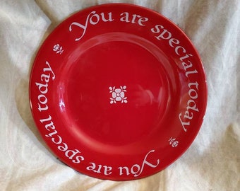 Rare Find, The Original Red Plate Company, 10.30 inch Red and White, "You are special today"  Dinner Plate, 1979 Dish, Made in USA