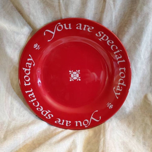 Rare Find, The Original Red Plate Company, 10.30 inch Red and White, "You are special today"  Dinner Plate, 1979 Dish, Made in USA