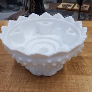 White Fenton, Ruffled Bowl, Hobnail Centerpiece Dish or Candlestick Holder, Vintage Home Decoration