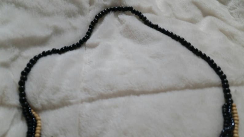On Sale Metal Free Boho Chic Black and Gold Toned Bead Single Strand Necklace with Oval Lucite Pendant 32 inch Necklace Costume Jewelry