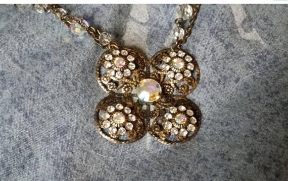 On Sale Victorian Style Rainbow Rhinestone and Brown Bead Square Pendant Necklace Costume Jewelry Fashion Accessory
