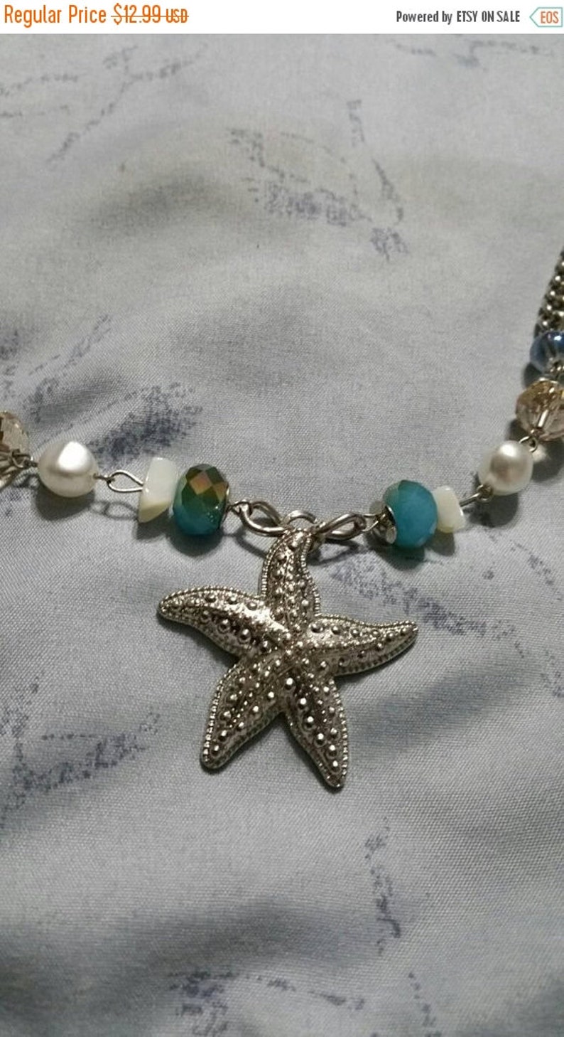 On Sale Blue Green and Turquoise Colored Bead Silver Toned Star Fish Charmed Chunky Bead 21 inch Choker Necklace Costume Jewelry Fashion Acc