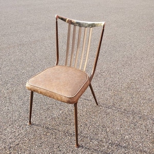 Daystrom, Mid Century Modern, Brass, Wood and Gold Vinyl, Kitchen Dining Chair, Floral Seat Design, Art Deco Style, Rare Find