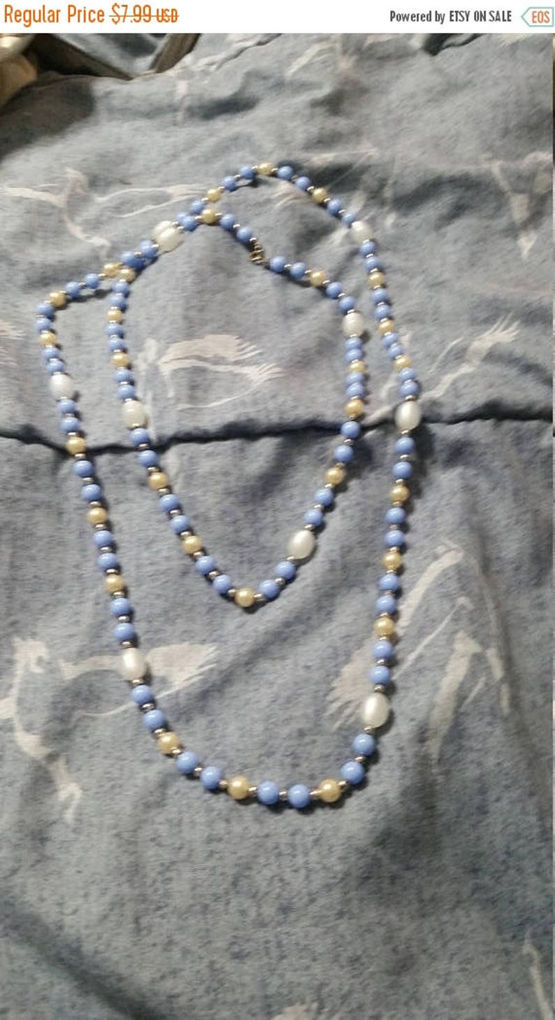 On Sale Vintage Baby Blue and White Plastic Beaded Necklace 54 Inch Fashion Accessory Faux Pearl Flapper Style