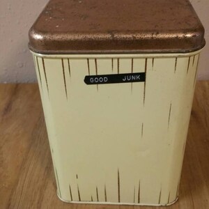 Rustic Cheinco Rectangular Flour Storage Container Tin with Coffee Grinder, Red Teapot and Eagle Picture Vintage Kitchen image 3