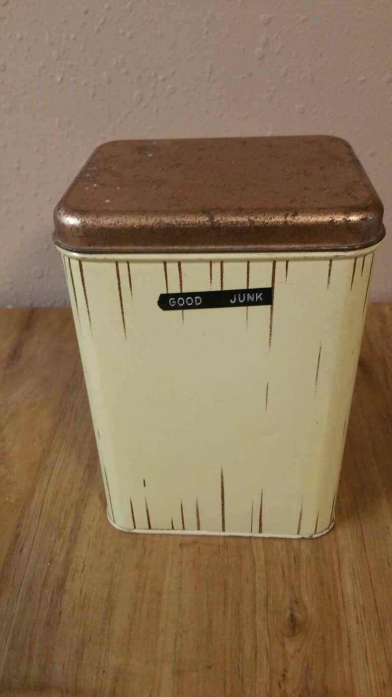 Rustic Cheinco Rectangular Flour Storage Container Tin with Coffee Grinder, Red Teapot and Eagle Picture Vintage Kitchen image 3