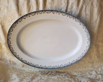 Rare Find, Haviland and Company,  France, Floral Swag Design, 16 inch Oval Serving  Platter,  Limoges Ironstone Dish, Yellow Flowers, Blue