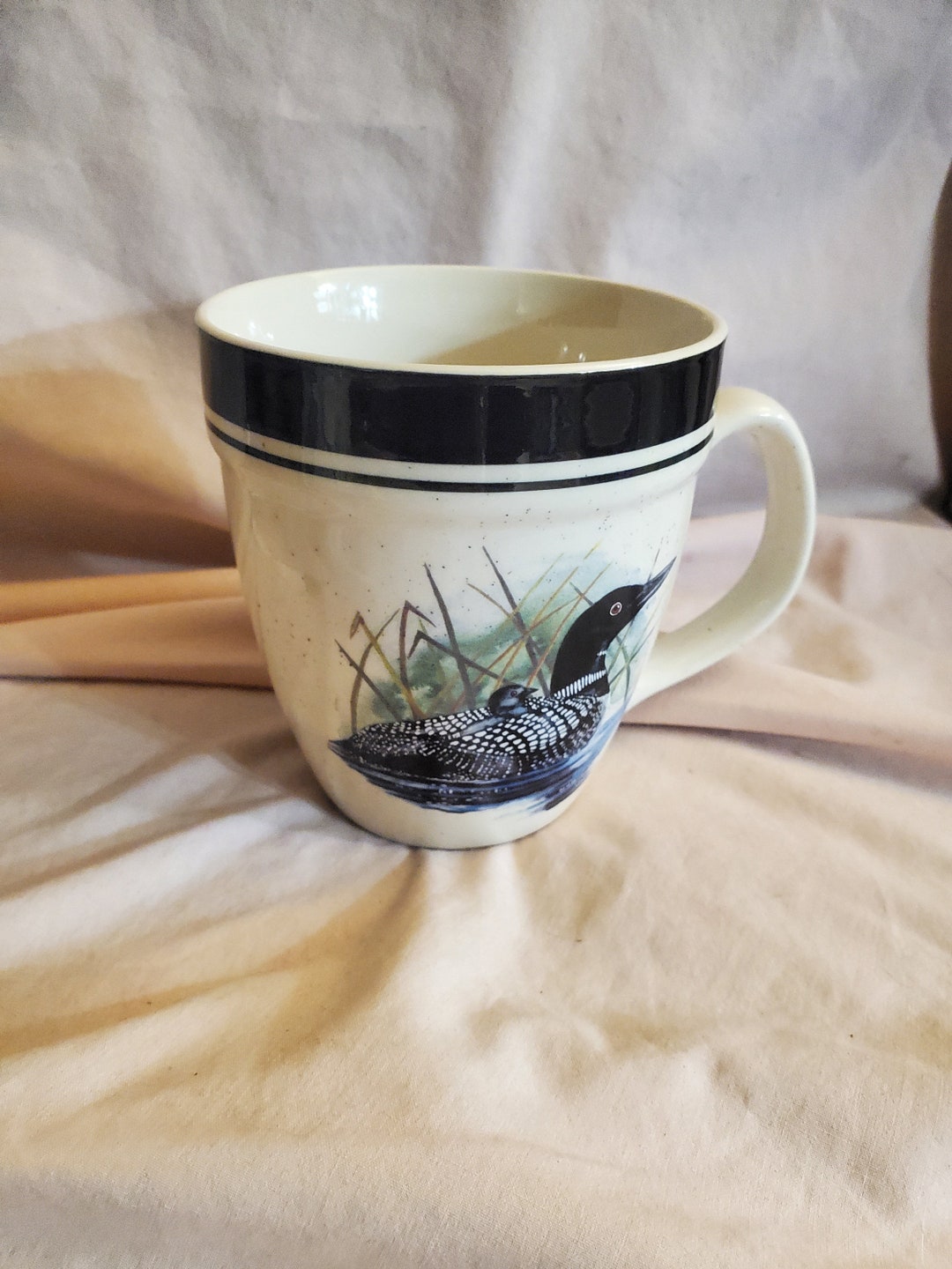 Folkcraft Stoneware, Loon Lake, Coffee Cup or Mug, Black Border, Loon