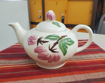 Rare Find, Continental Kilns Green and Off White Arbor,  6 Cup Teapot with Lid, Working Music Box,  Cream, Pink Flowers, Brown Stems