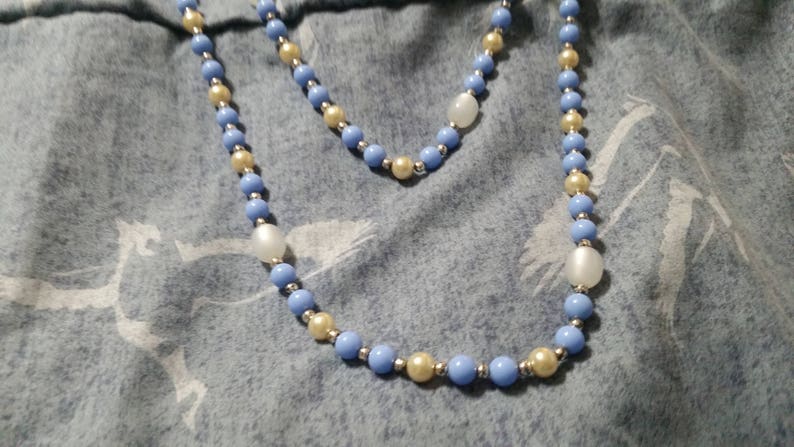 On Sale Vintage Baby Blue and White Plastic Beaded Necklace 54 Inch Fashion Accessory Faux Pearl Flapper Style