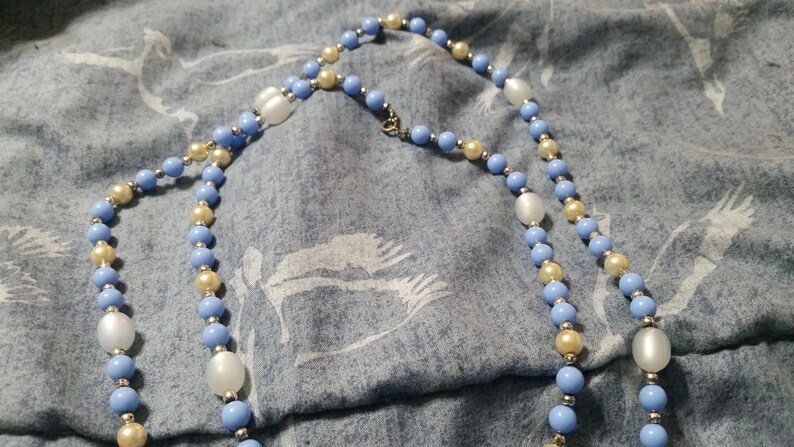 On Sale Vintage Baby Blue and White Plastic Beaded Necklace 54 Inch Fashion Accessory Faux Pearl Flapper Style