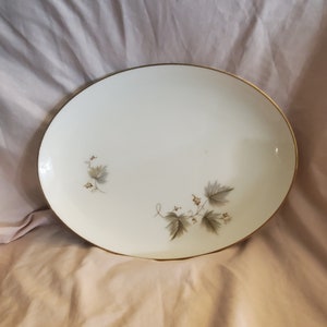 Noritake Ivory China, Fantasia Pattern, 12.50 inch Oval Serving Platter, Gold Grapes, Gray/Tan Leaves, Cream, 1970s Fine Dining