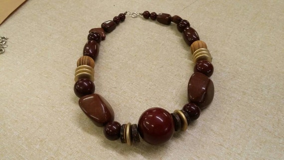 Chunky Maroon Red, Dark Brown  and Brass Bead 16 … - image 2