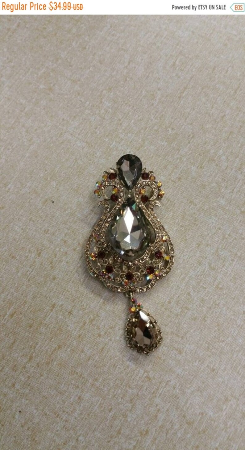 Fashion Accessory Tear Drop Large Pin or Brooch Costume Jewelry On Sale Gold Toned Yellow and Red Rhinestone