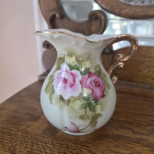 Lefton China, Heritage Green and Gold Serving Pitcher with Pink Rose Design, Vintage Serving Dish, Cottage Style, Made in Japan