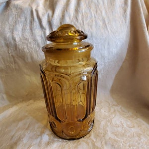 Large, L E Smith, Moon and Stars, Large Amber or Gold Canister,  1970s Decor, Storage Jar, Kitchen Canister, Retro Look, Home Decor