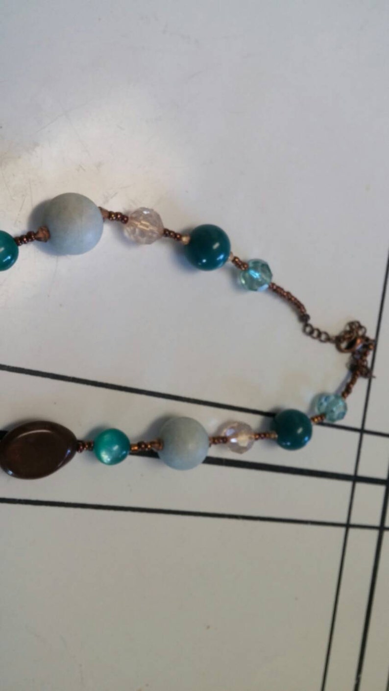 On Sale Collectible Bling Boho Style Turquoise and Brown Brass Toned Pendant Necklace
