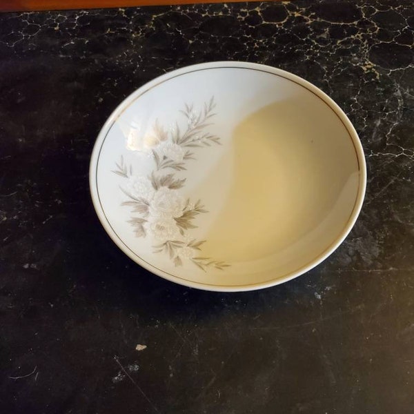 Noritake Simone, Bedla, 7.40 inch Soup or Cereal Bowl, Fine China, Inner Gold Line, White Flowers, Tan Leaves, Made in Japan