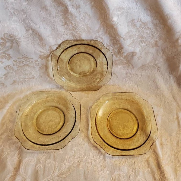 Set of 3, Yellow Glass, Depression Glass, Madrid Pattern, 6 inch Saucer Plates, Federal Glass