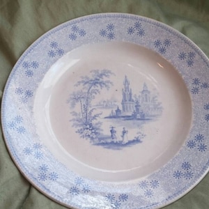 On Sale Antique China Alfred Leak in 8 inch  Luncheon Plate with Victorian Couple and Castle Scene