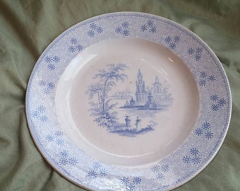 On Sale Antique China Alfred Leak in 8 inch  Luncheon Plate with Victorian Couple and Castle Scene