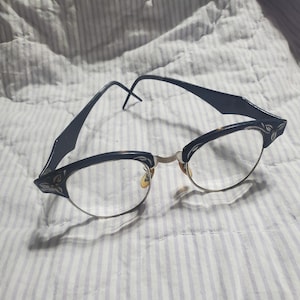 Vintage Black and Silver Cat Eyed Reading Glasses, Aged Reading Glasses, 1950s Fashion Accessory, Floral Design, Costume Glasses