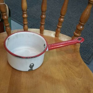 Farmhouse Style,  White and Red Enamel ,Rustic Sauce Pan,  Vintage Kitchen, Frontier Pies Decoration