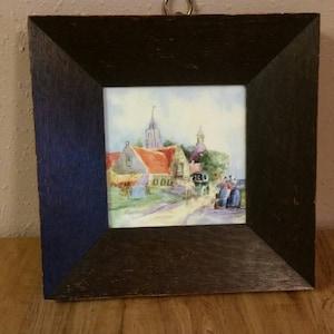Square Hand Painted Dutch Scene on Ceramic Tile with Brown Wooden Frame Wall Hanging