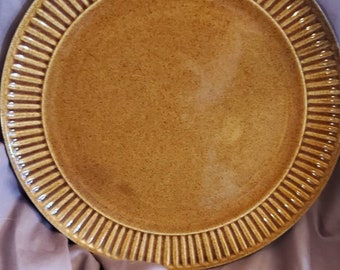 May include: A round, ceramic plate with a speckled, golden-brown surface. The rim features a repeating vertical ribbed pattern. The plate is set against a soft, purple background.